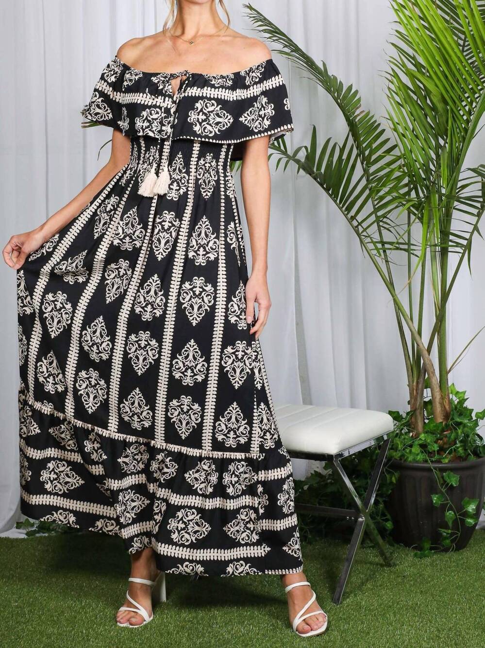 NEW VINE & LOVE geo printed off the shoulder tassel trim dress in black/cream
